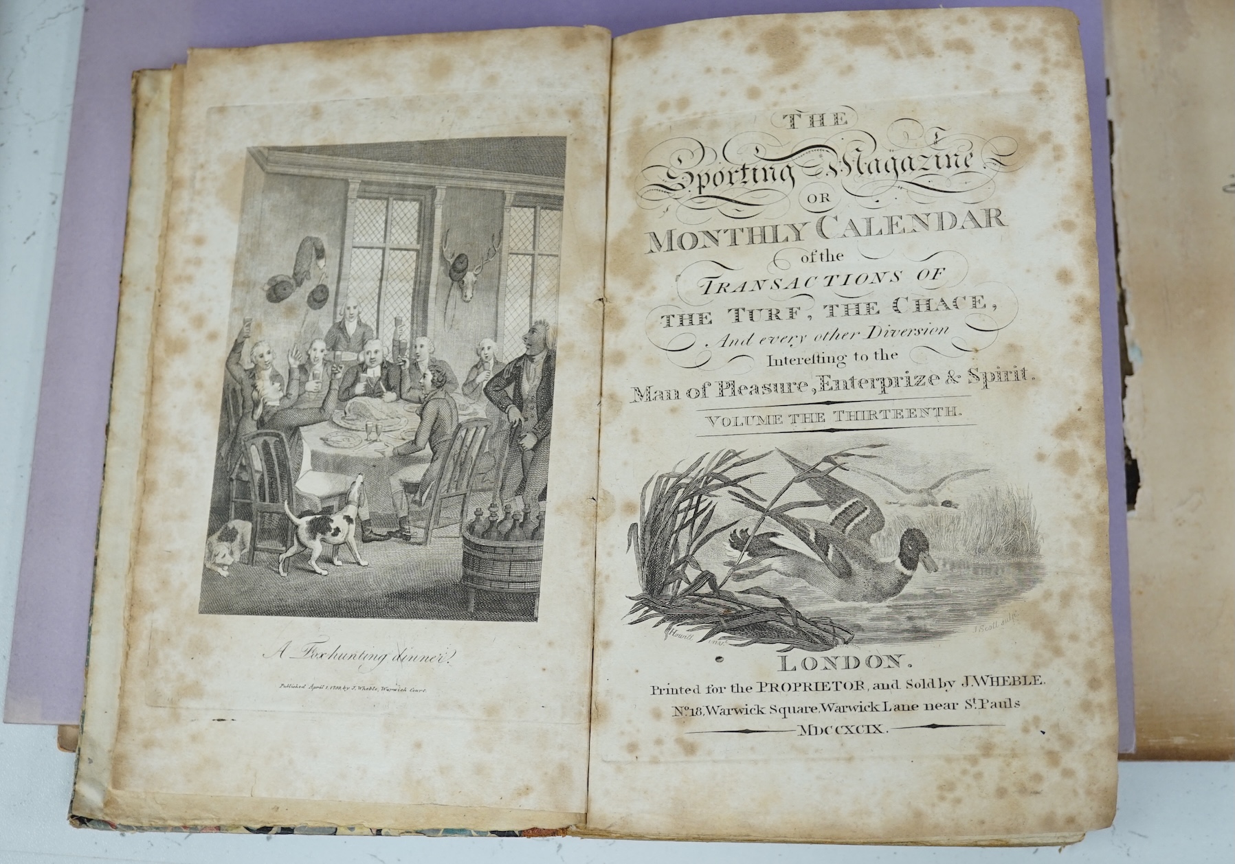 The Sporting Magazine; or Monthly Calendar ... 14 vols. (13-20 and 22-28), pictorial engraved and printed titles, engraved plates; contemp. calf backed marbled boards. 1798-1806